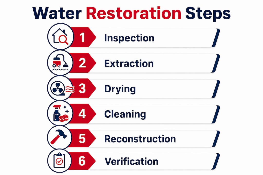 Infographic outlining six water restoration steps