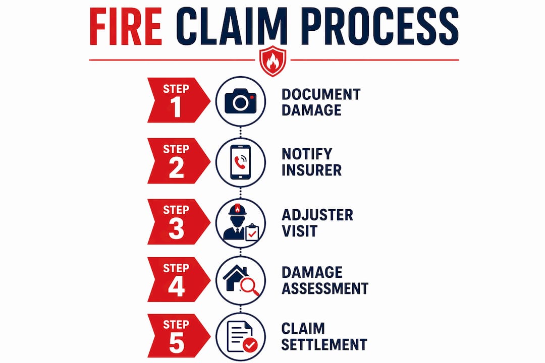 Infographic illustrating fire damage insurance claim steps