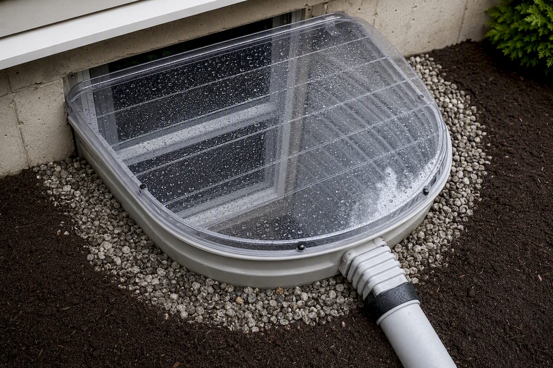 Covered basement window well with drainage