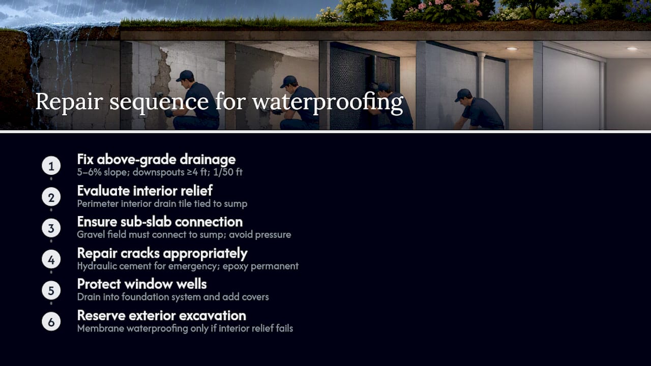 Basement waterproofing repair sequence