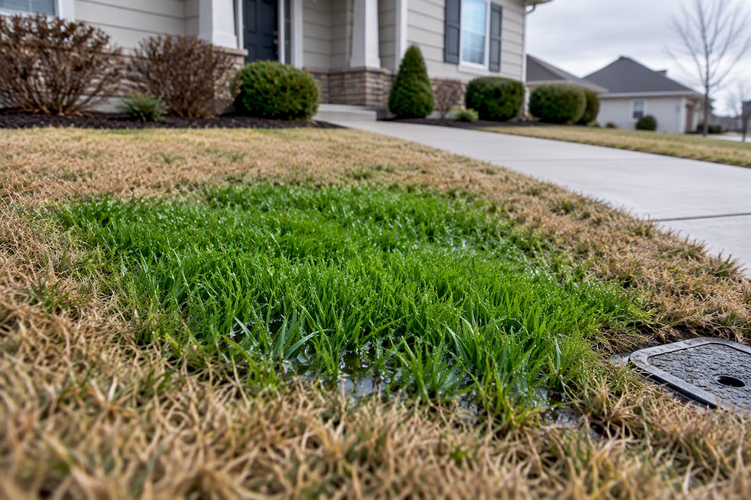 Soggy green lawn patch indicating underground leak