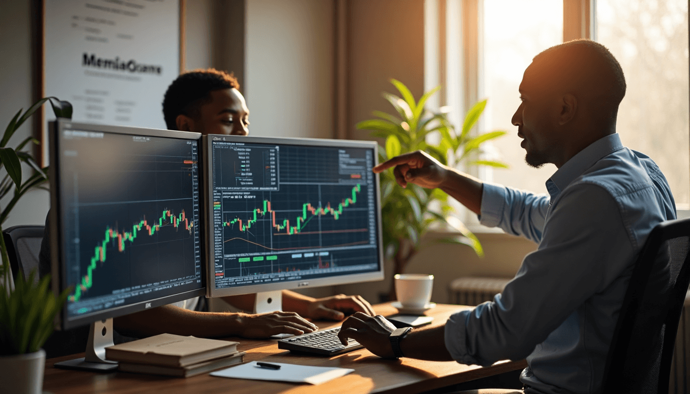 Mentor teaching young forex trader with charts on screens