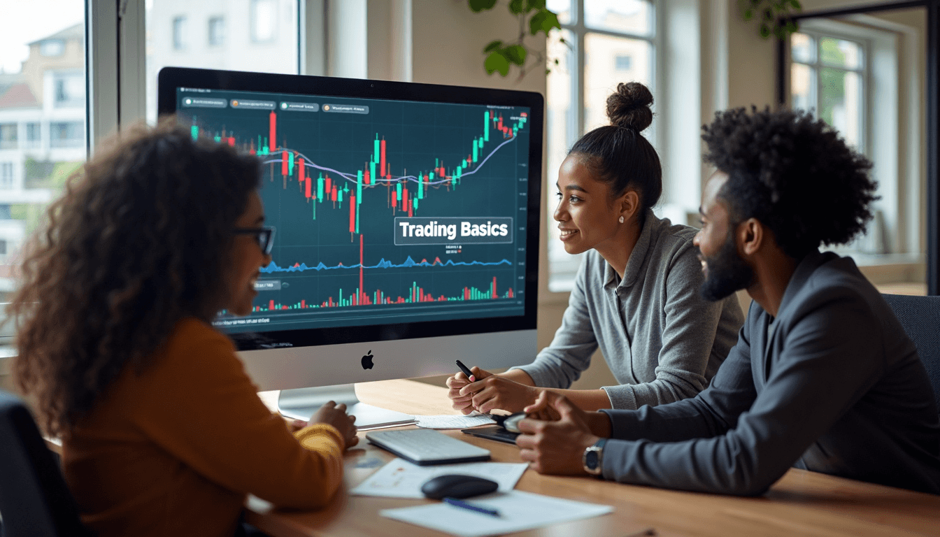 Three young adults studying forex charts in Cape Town coworking space