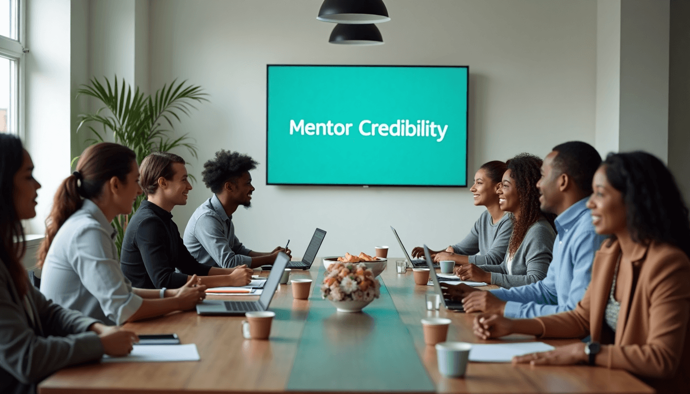 Networking group discusses mentor options with screen showing 'Mentor Credibility'