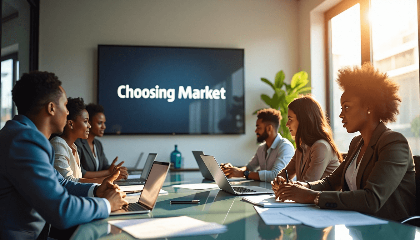 Team of traders discussing at glass table with 'Choosing Market' screen