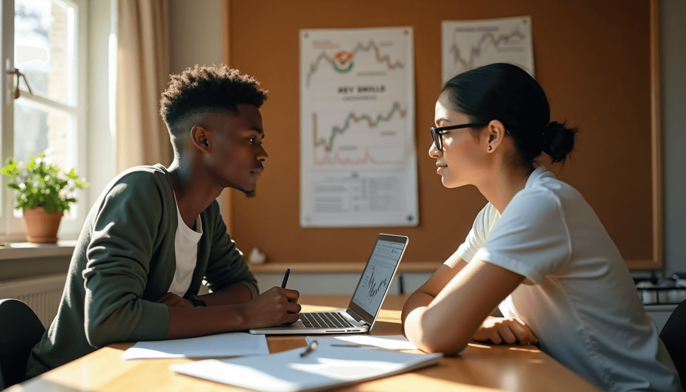 Two teens studying forex at home with key skills note