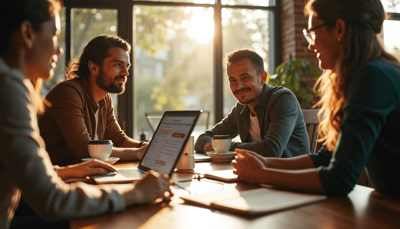 Botswana forex traders discuss market at coffee shop table.