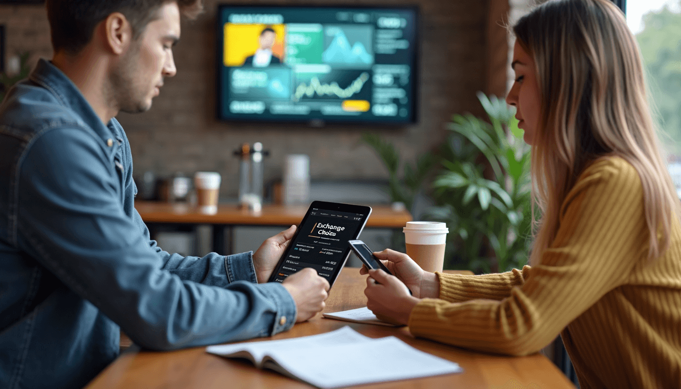 Two African traders comparing crypto exchanges at coffee shop