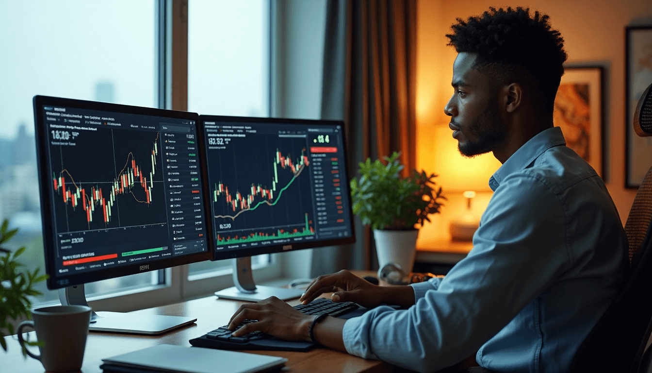 Trader at home desk viewing real-time data on screens