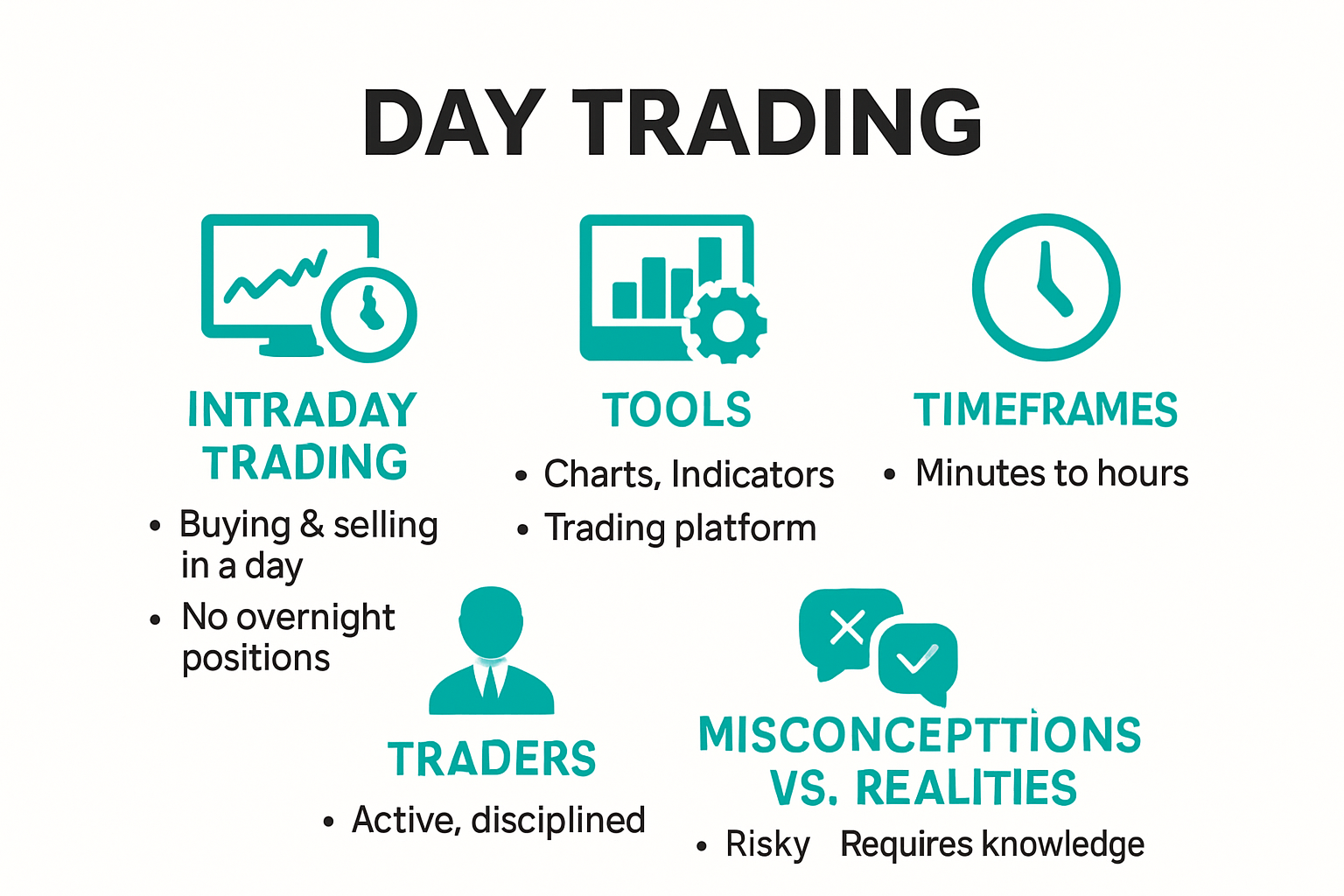 Infographic visually explaining the day trading definition and basics.