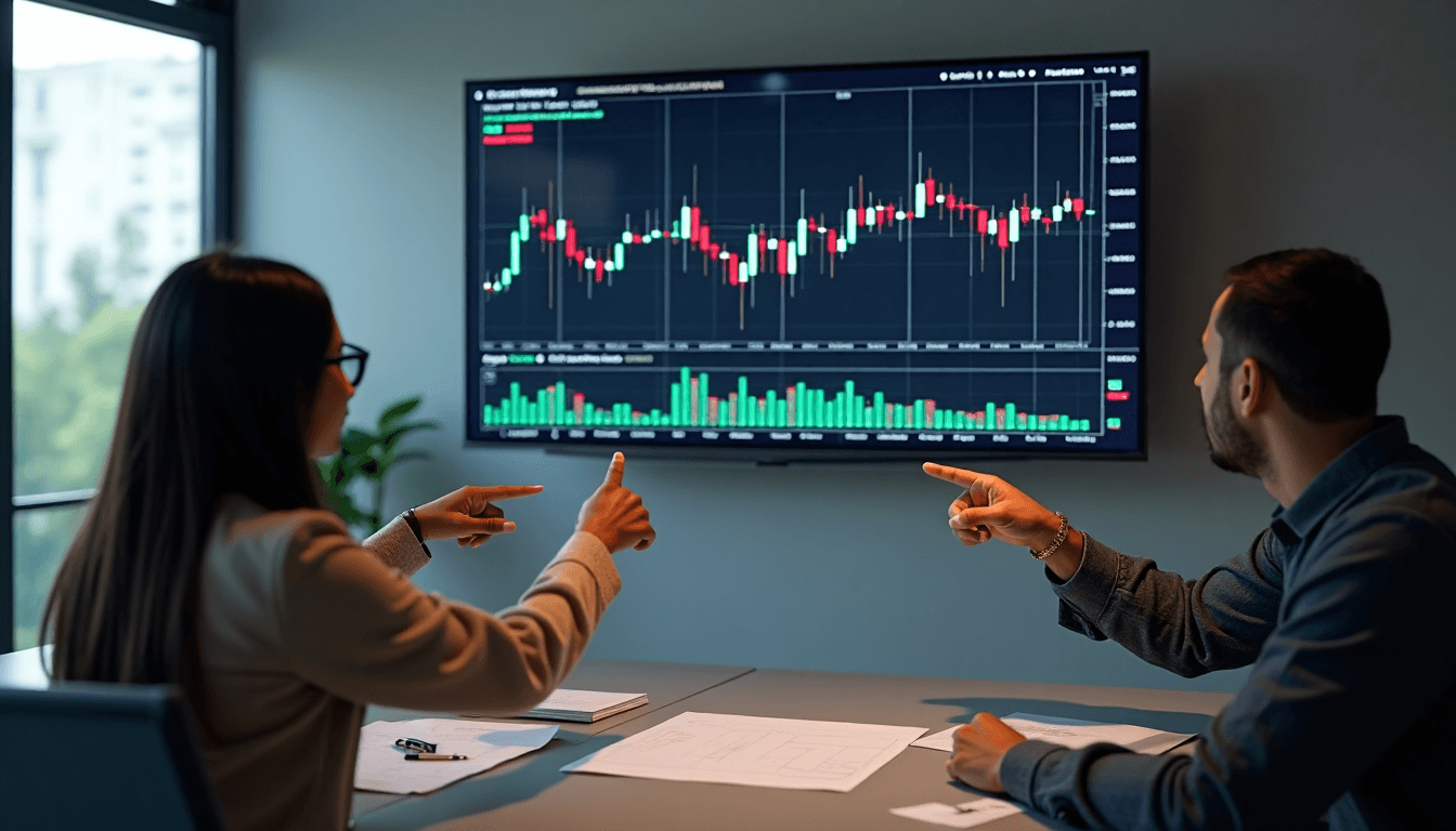 Colleagues discussing digital forex bar chart with market dynamics overlay