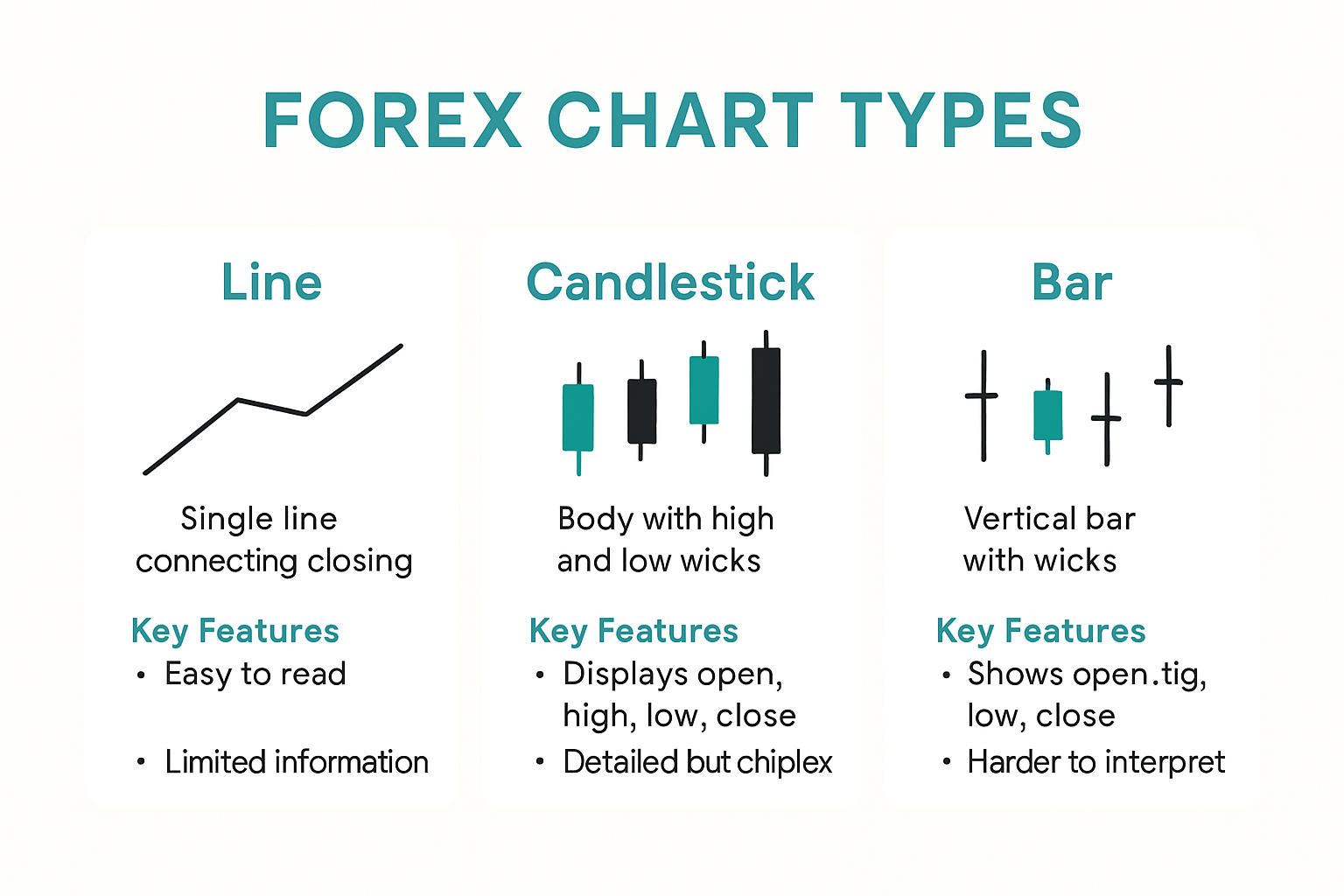 Comparison infographic of forex chart types: line, candlestick, bar