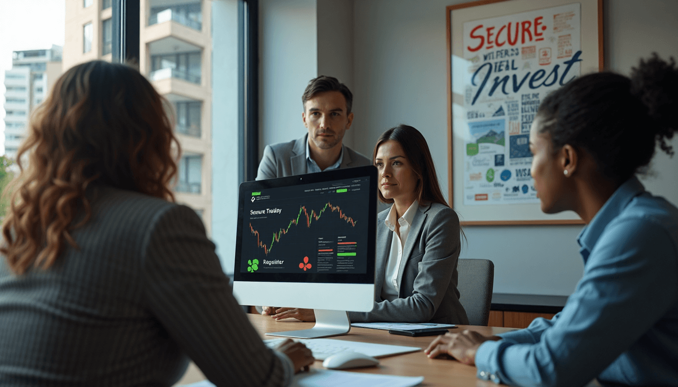 Diverse group reviewing broker compliance and security badges in office