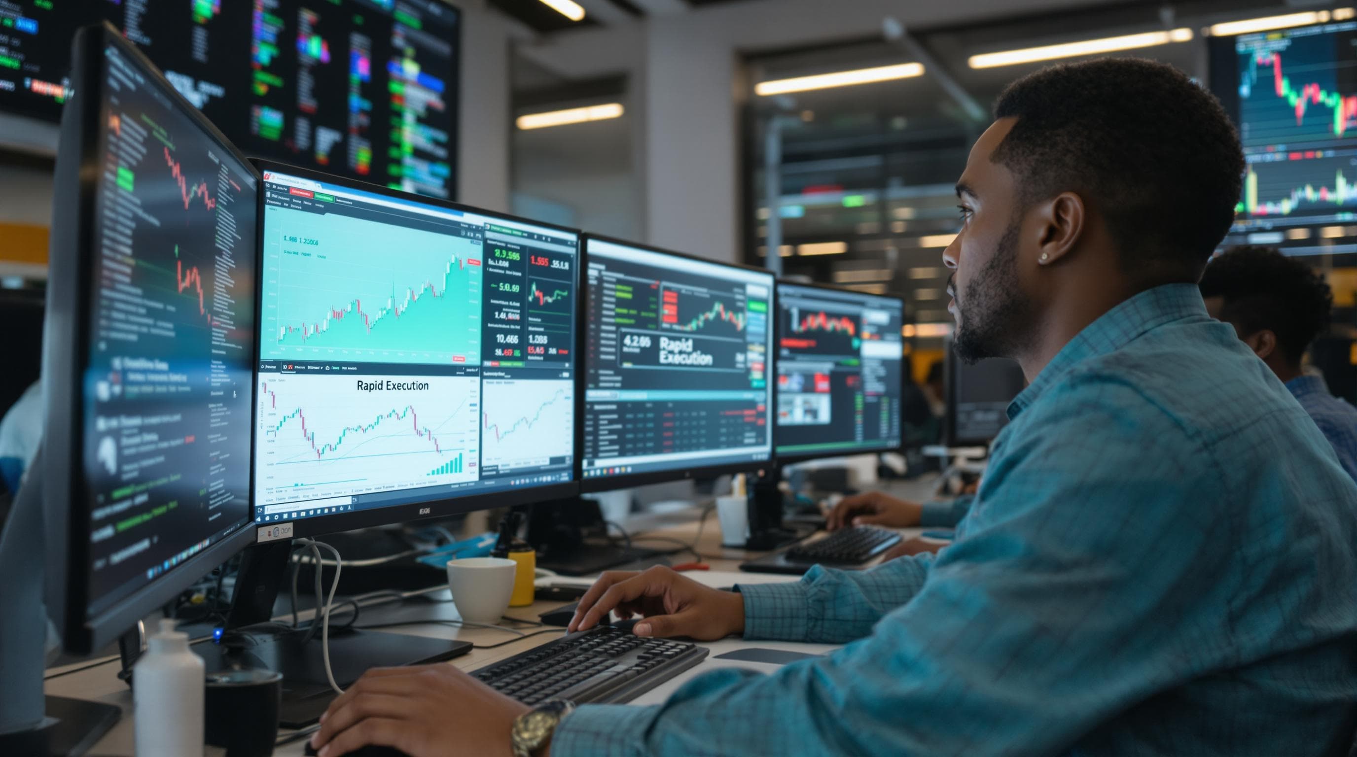 Diverse traders at digital forex platforms with 'Rapid Execution' on wall display