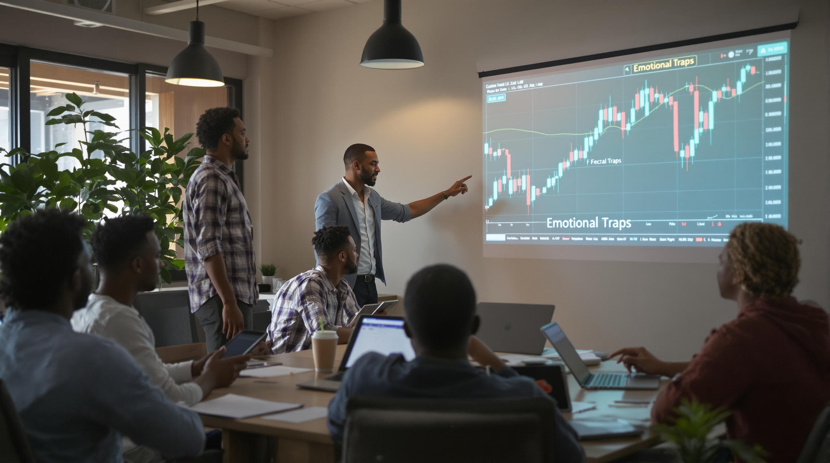 South African traders discussing forex with 'Emotional Traps' on projected chart