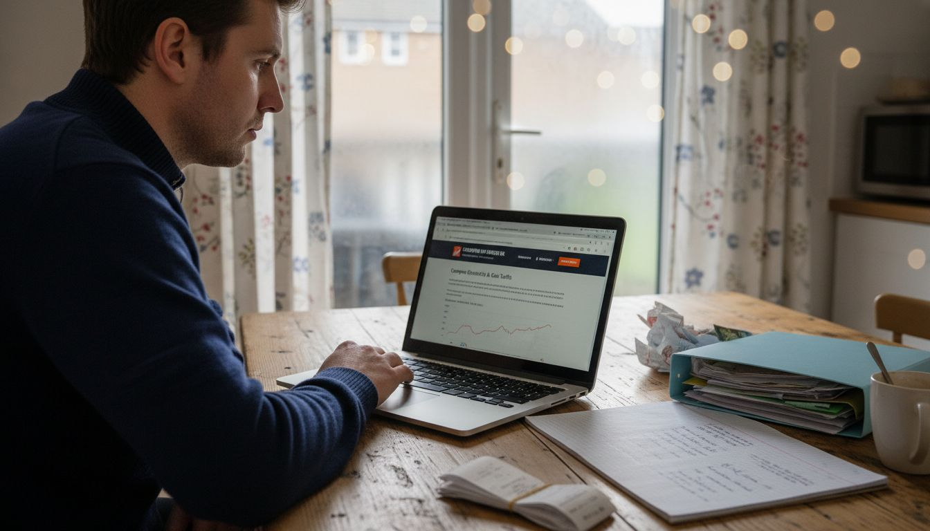 Person comparing utilities on laptop in kitchen