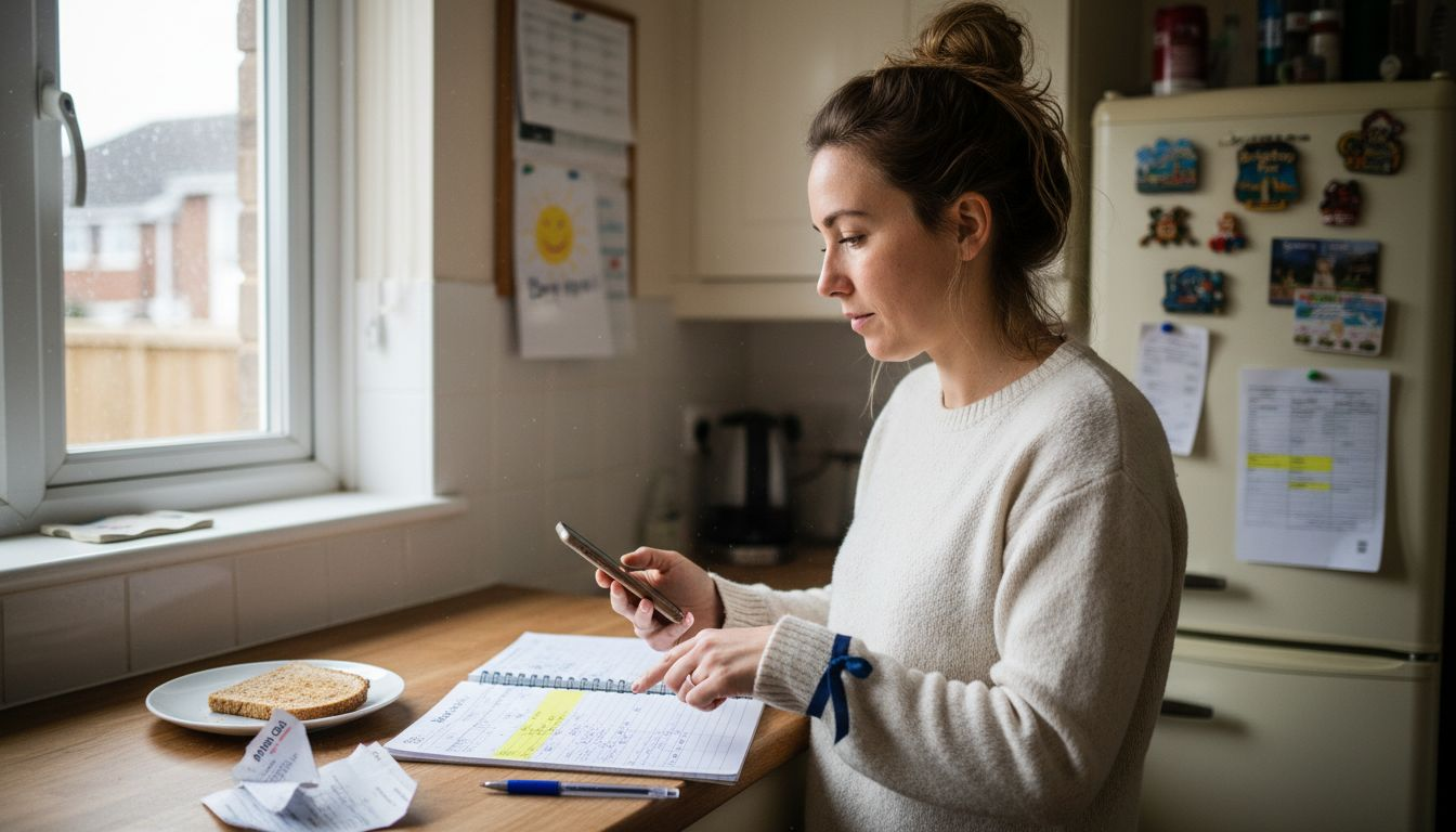 Woman comparing prices on smartphone in kitchen