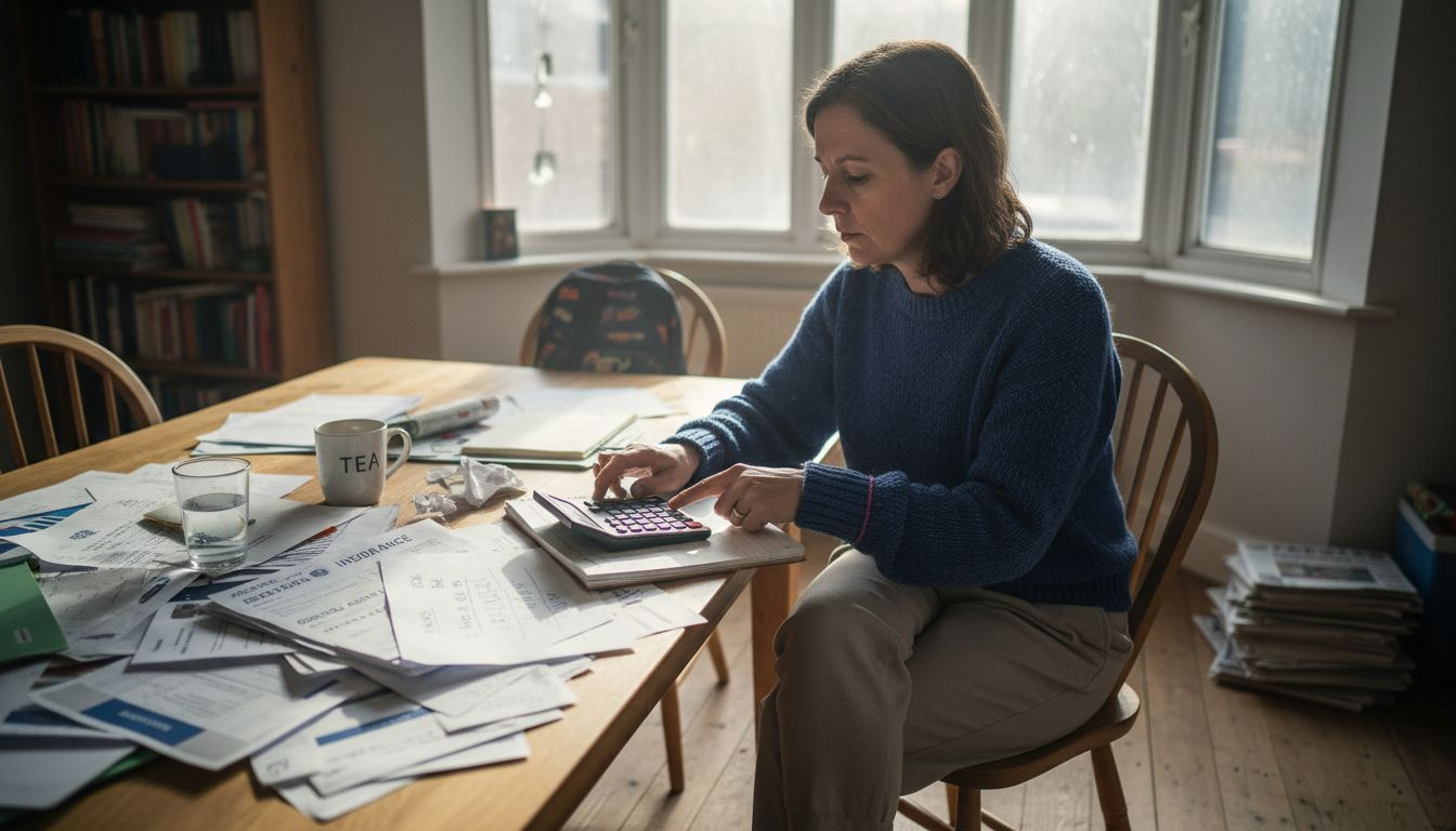 Woman calculating insurance assessment at home