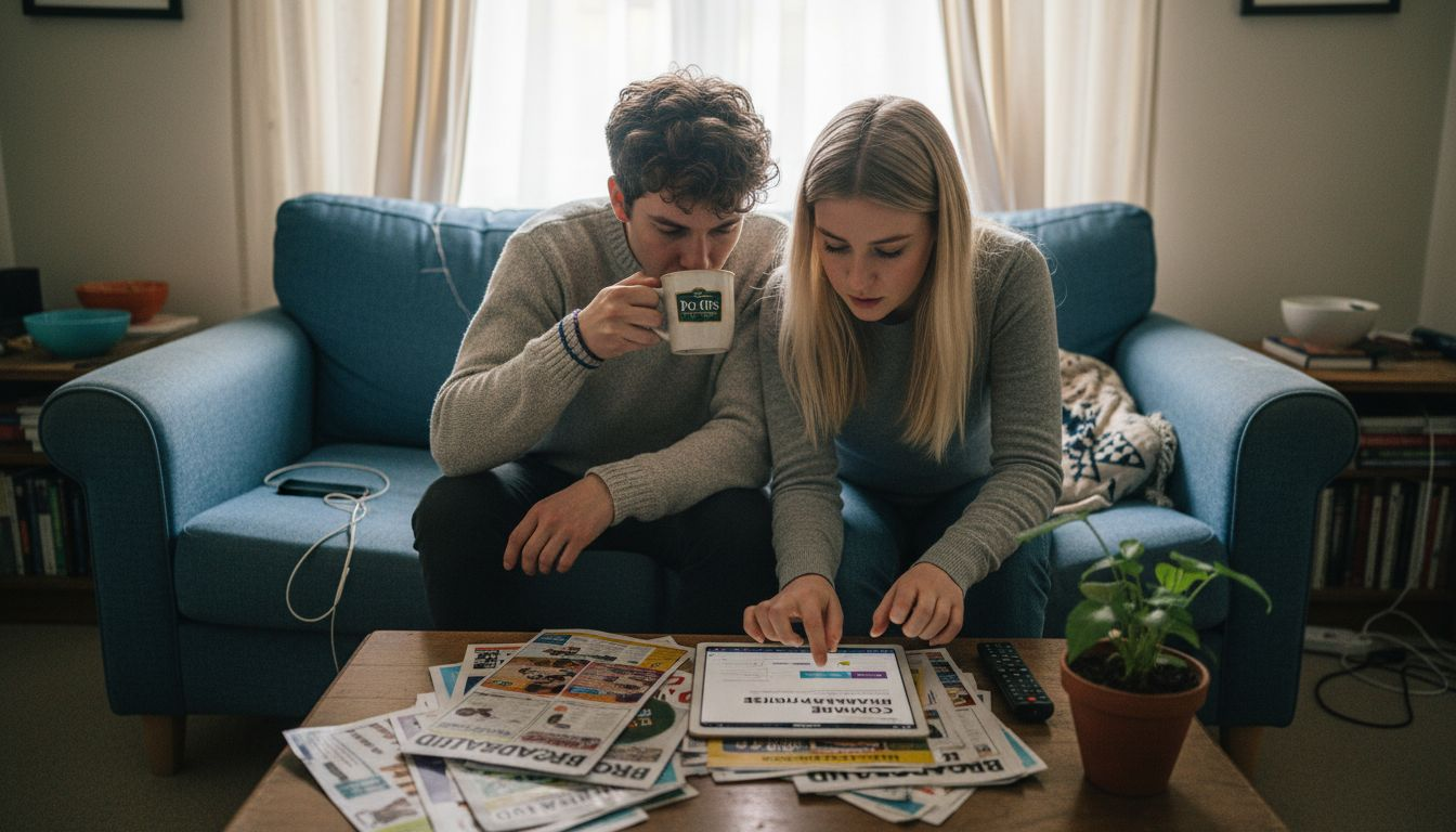 Couple reviewing broadband offer options together