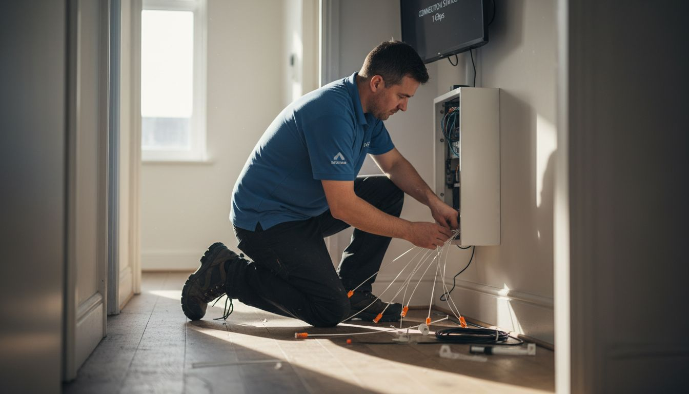 Technician installing fiber broadband in hallway