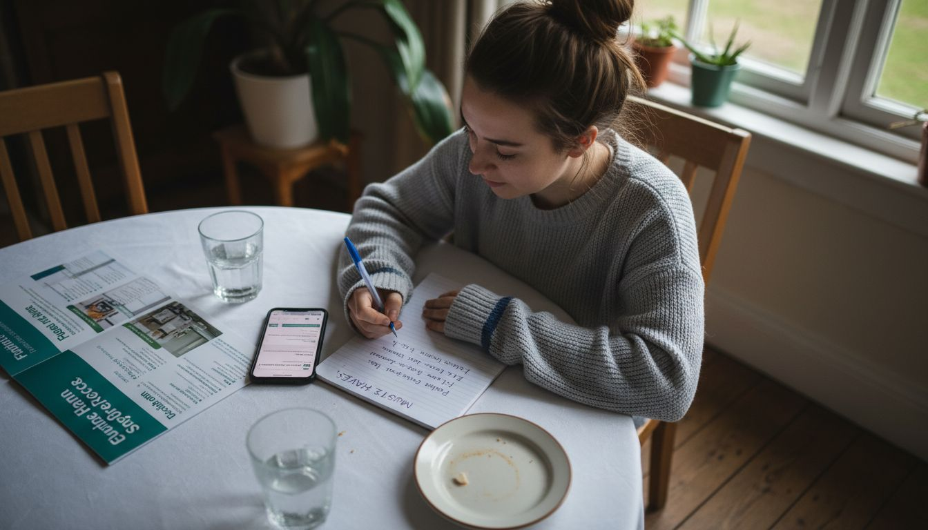 Woman writing comparison must-haves and reviewing options