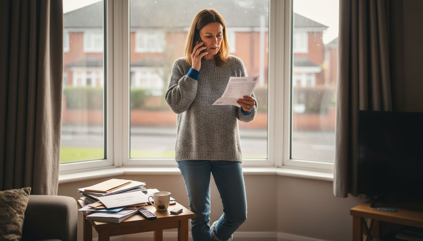 Woman checking energy bill near window