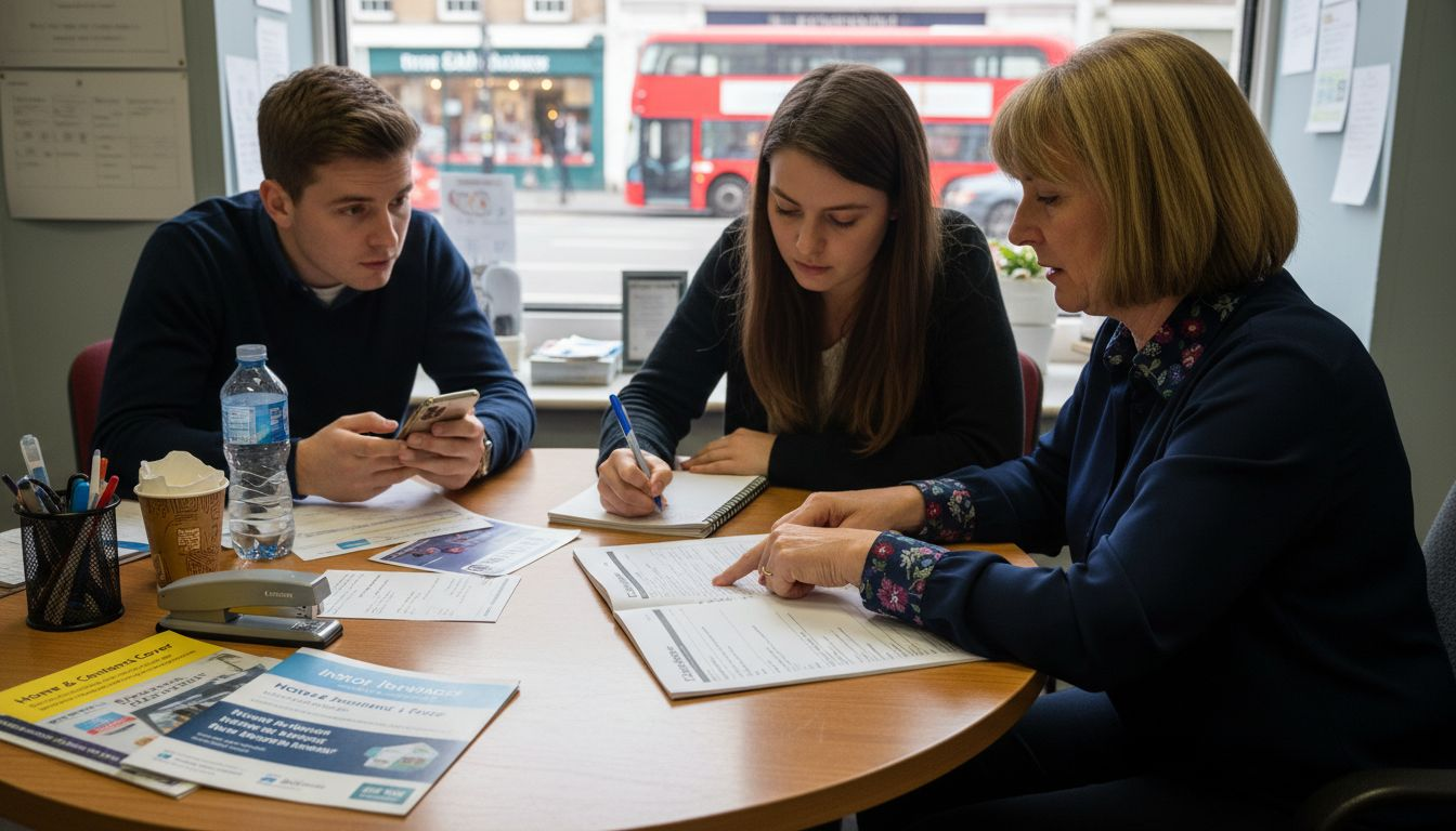 Insurance agent explains policy at cluttered desk