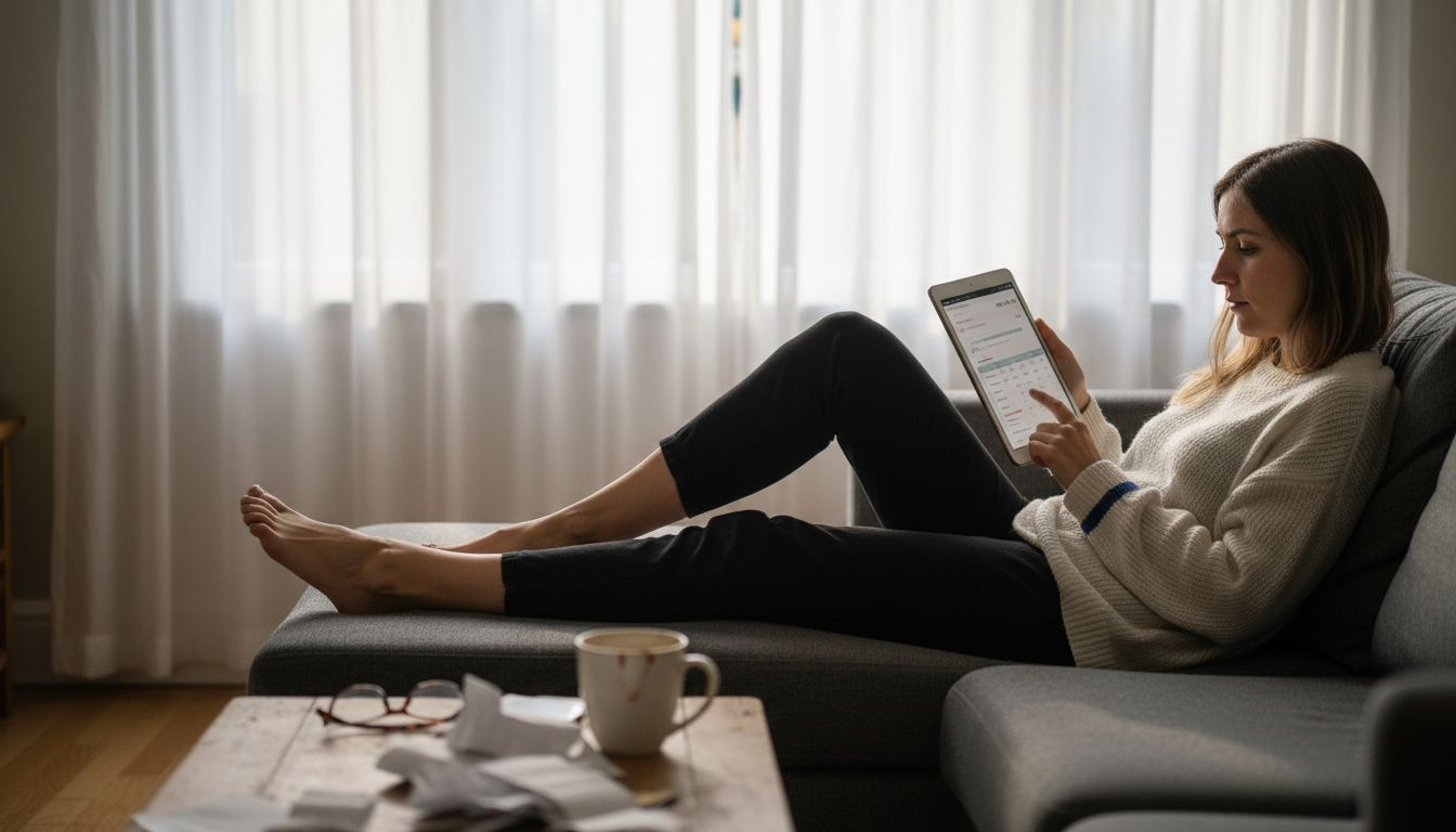 Woman researching banks on tablet in living room