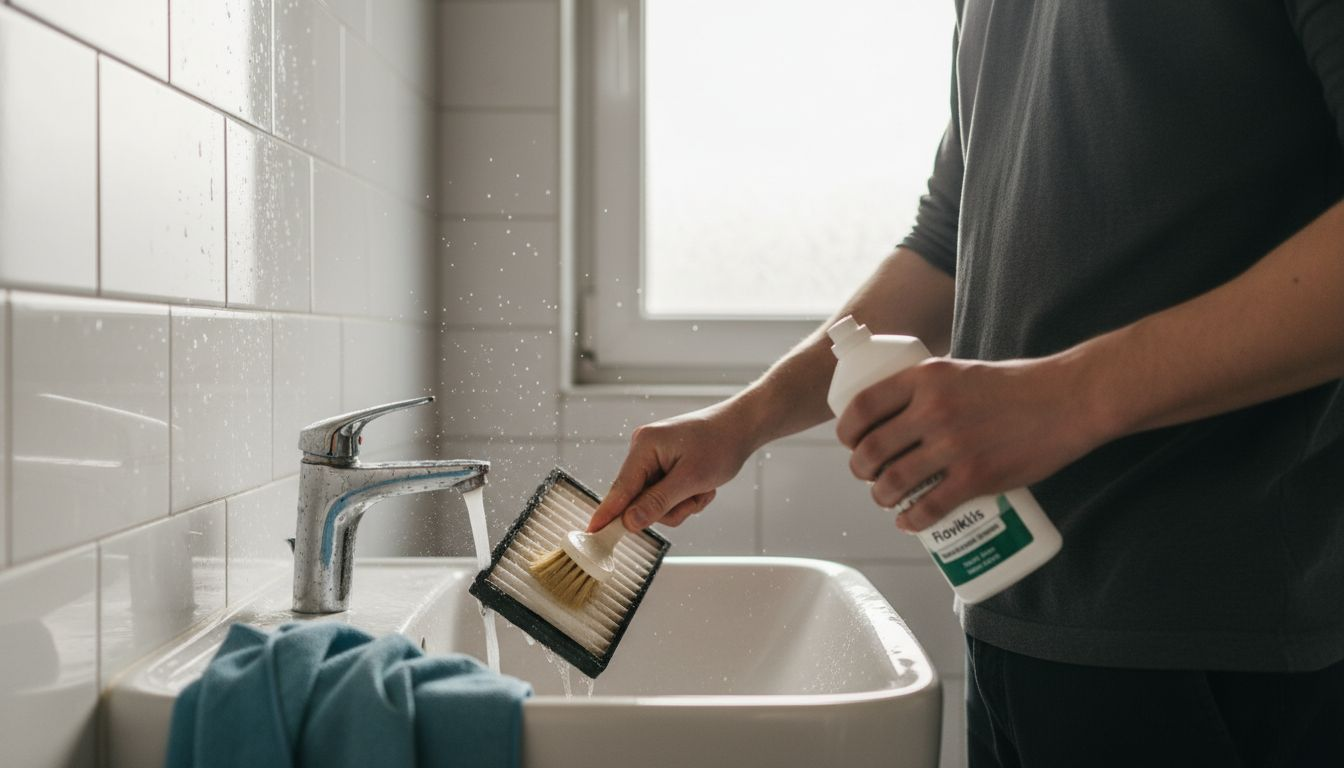 Vyras prie kriauklės plauna daugkartinį oro filtrą