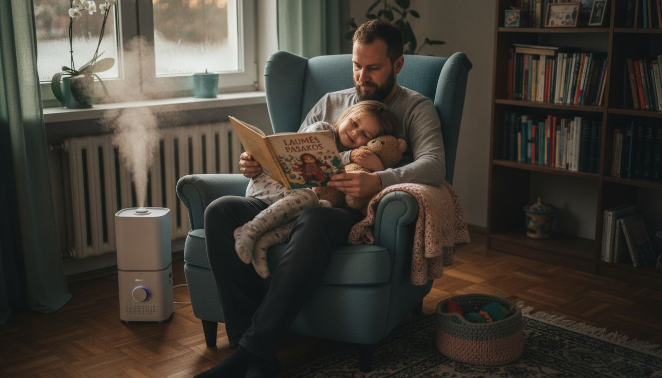 Tėtis skaito dukrai pasaką prie drėkintuvo