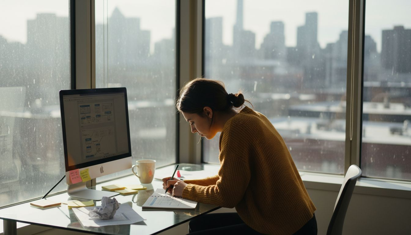 Designer planning website in sunny corner office