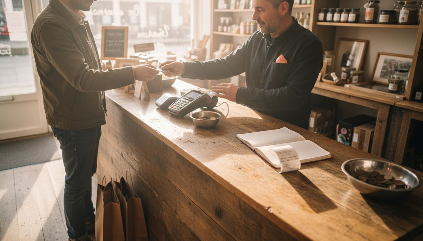 Un commerçant encaisse un client grâce à un terminal de paiement dernière génération.