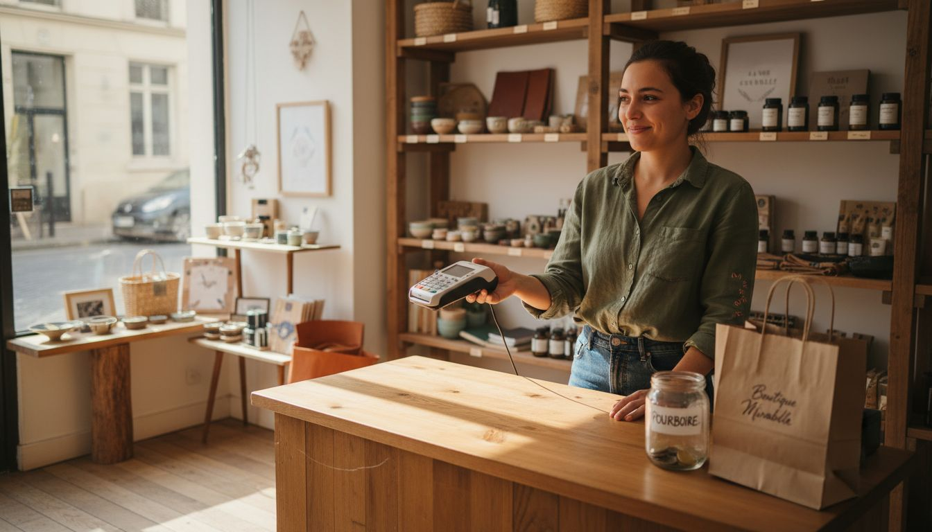 Un commerçant encaisse un paiement à l’aide de son terminal de carte bancaire.