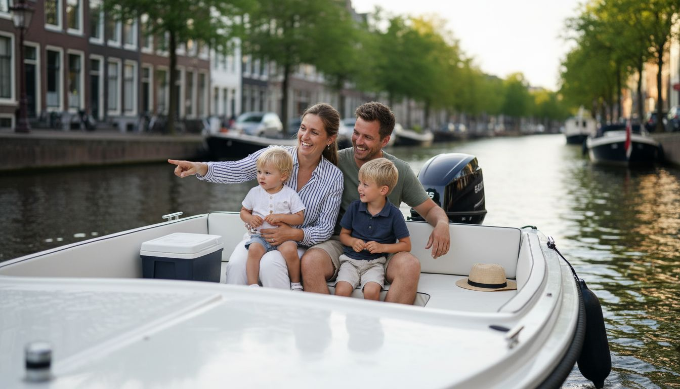 Een gezin geniet samen van een ontspannen tocht met een elektrische sloep door de gracht.