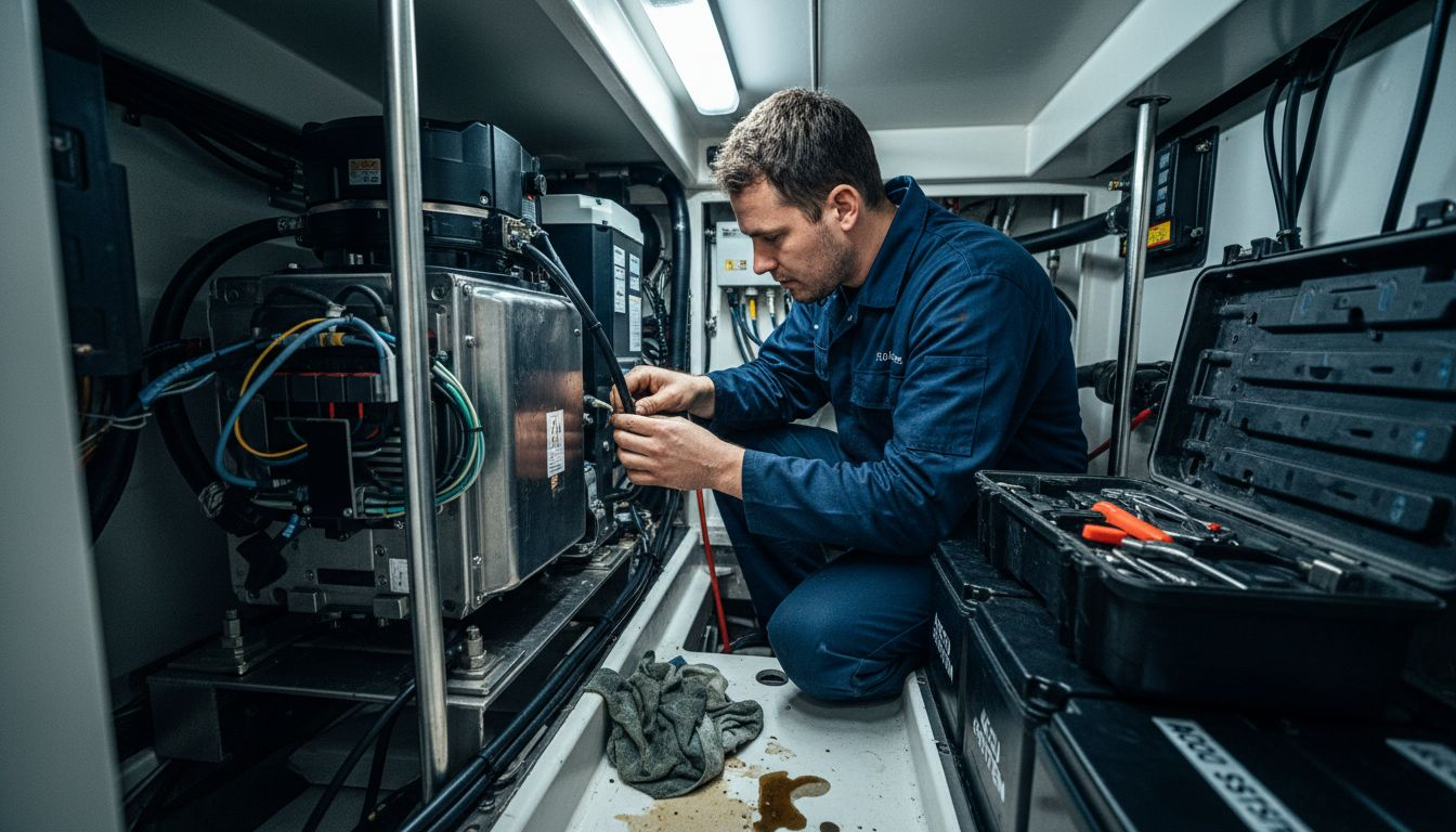 Een monteur controleert de motorruimte van een hybride sloep.