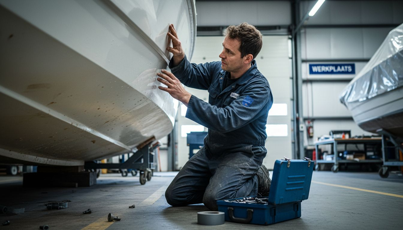 Een monteur inspecteert de romp van een moderne tenderboot.