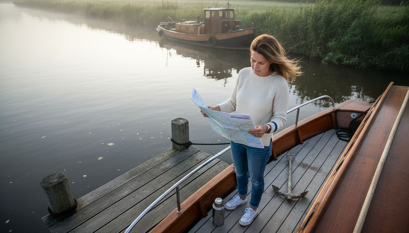 Een vrouw staat bij de steiger en bekijkt de vaarroute op haar sloep.