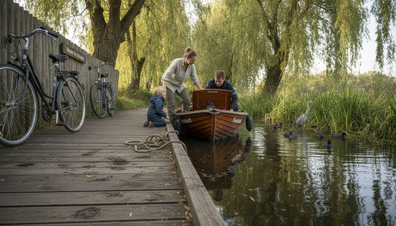 Een gezin maakt hun sloep vaarklaar bij een steiger in de Biesbosch.