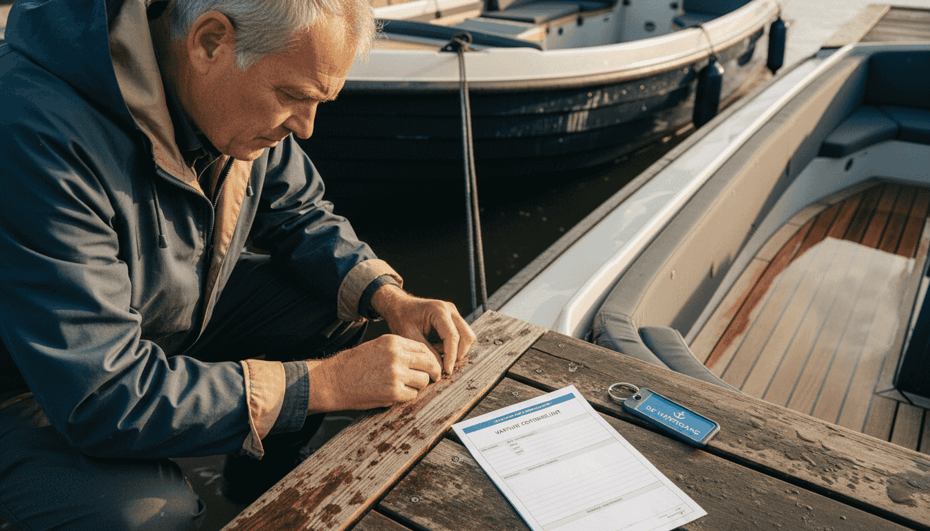 Bij terugkomst op de steiger kijkt een man zijn sloep zorgvuldig na.
