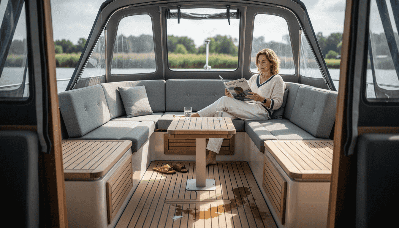 Het interieur van deze luxe sloep is verrassend ruim opgezet, waardoor je volop geniet van comfort en bewegingsvrijheid aan boord.