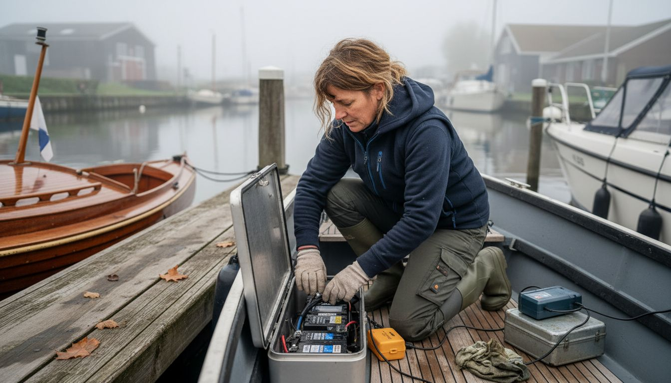 Een vrouw inspecteert de accu van de tender bij de steiger.