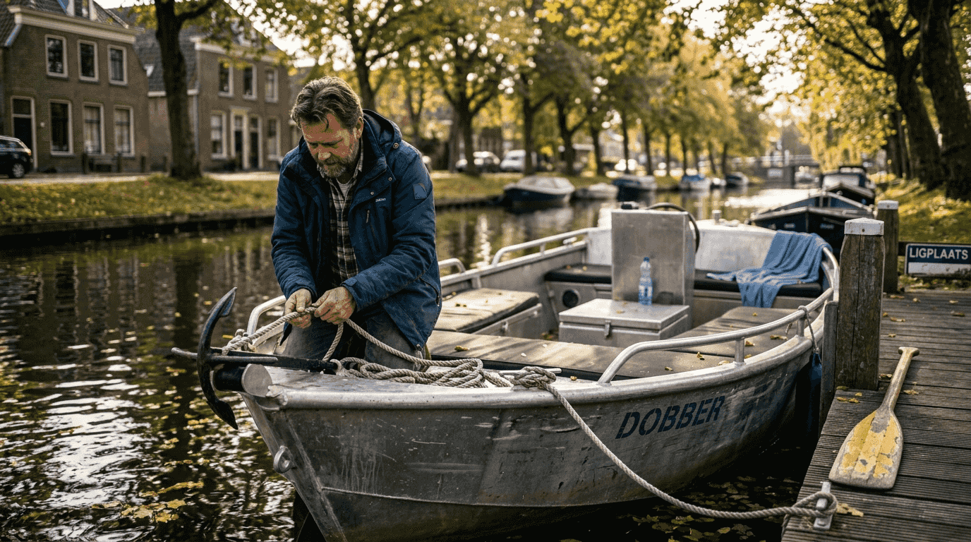 De DOBBER Tender 750 aluminium sloep ligt aangemeerd in de haven.