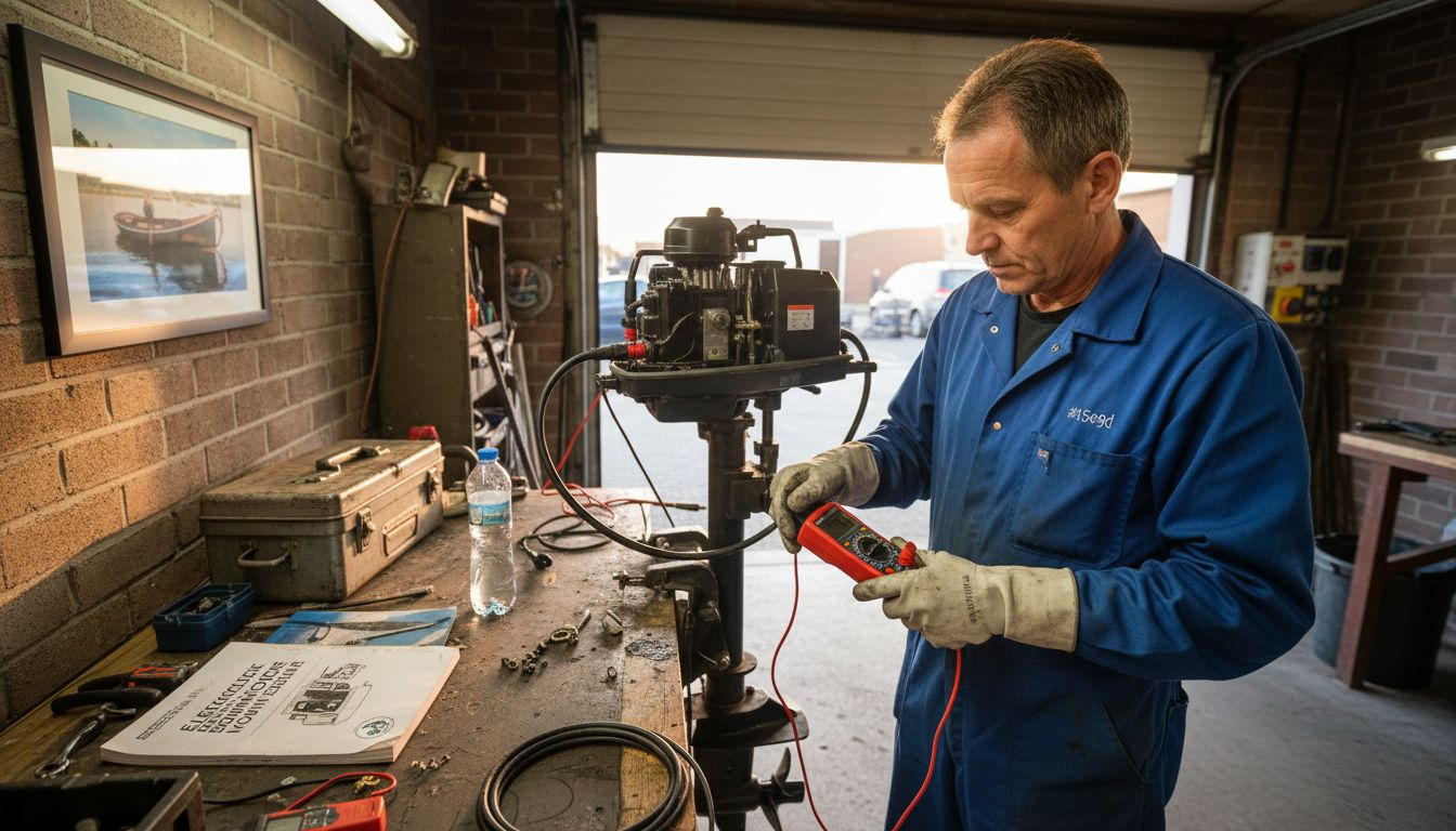 In de werkplaats is een monteur bezig met het onderhoud van een elektrische bootmotor.