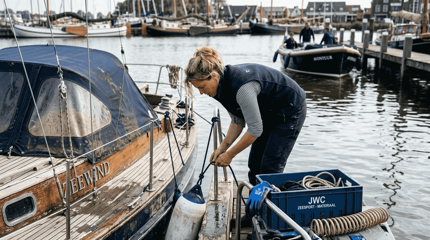 Een vrouw maakt de fenders vast en legt de springlijn aan op haar sloep.
