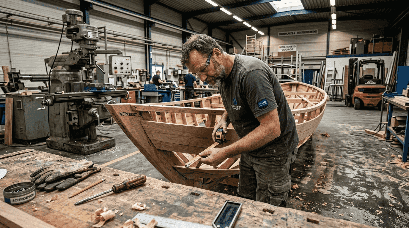 Op de werf bekijkt de scheepsbouwer nauwkeurig een op maat gemaakte tender.