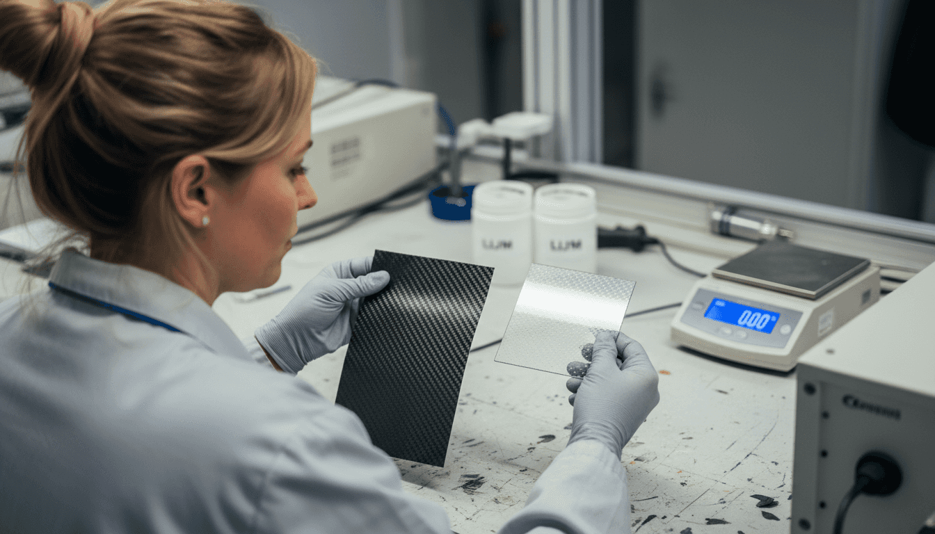 Expert legt carbonvezel en glasvezel naast elkaar voor vergelijking