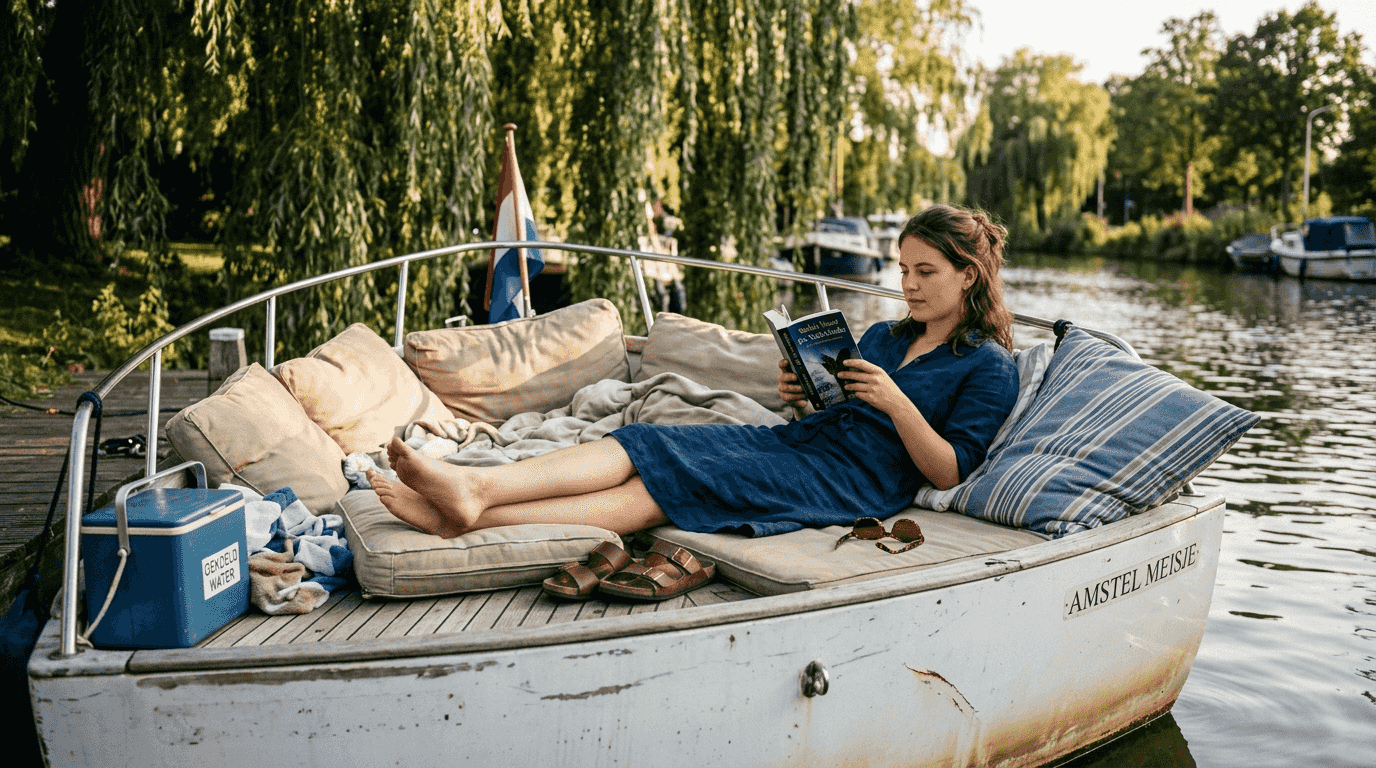 Vrouw geniet van de zon op het zonnedek van een tender