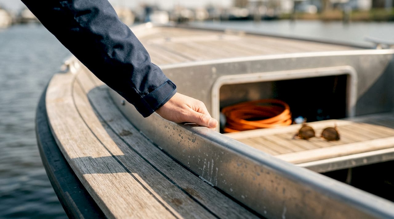 Hand laat de gebruikte materialen en fijne afwerking van de sloep zien