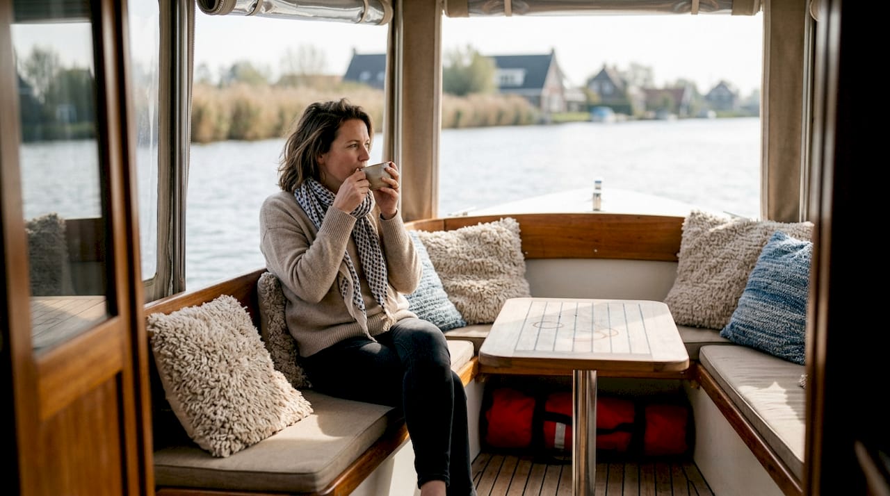 Stijlvol ingericht sloepinterieur met een relaxte opvarende