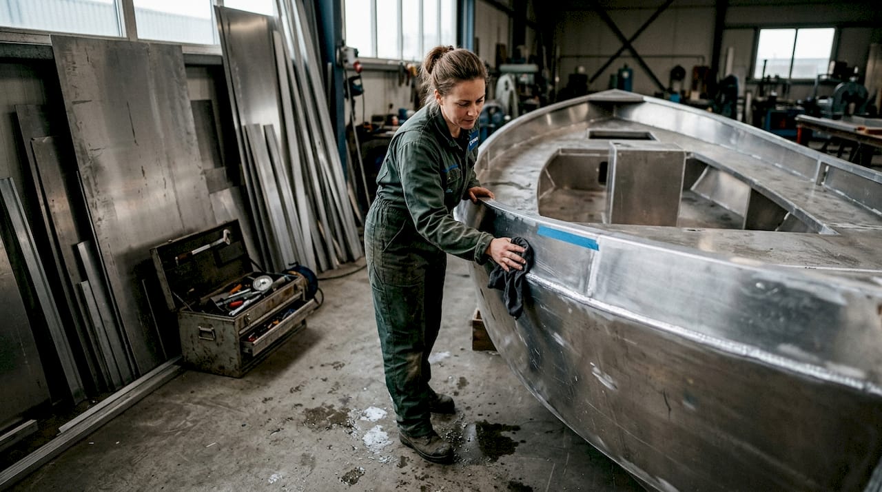 De scheepsbouwer controleert de aluminium sloep op kwaliteit en afwerking.